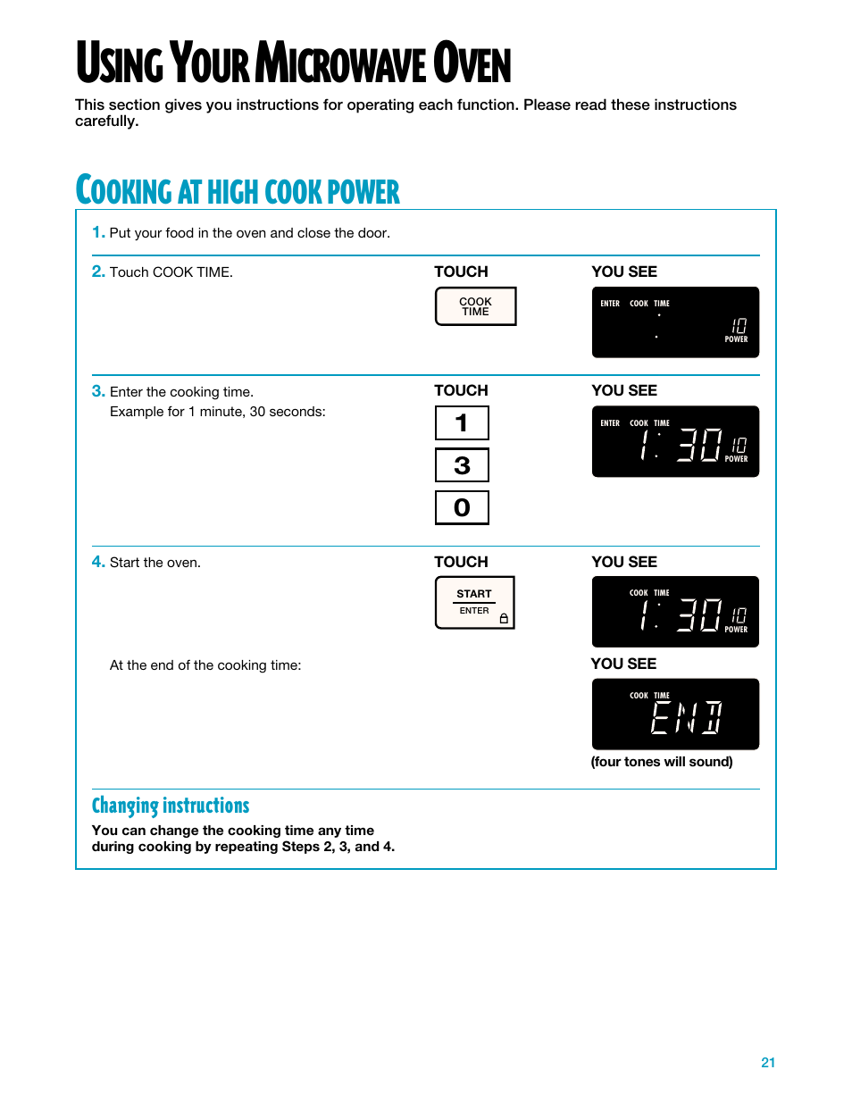 Using your microwave oven, Cooking at high cook power, Sing | Icrowave, Ooking, High, Cook, Power | Whirlpool YMH7140XF User Manual | Page 21 / 48