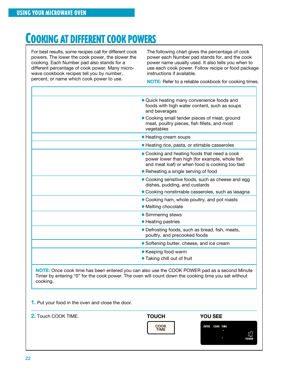 Cooking at different cook powers, Ooking, Different | Cook, Powers, Using your microwave oven | Whirlpool YMH7140XF User Manual | Page 22 / 48
