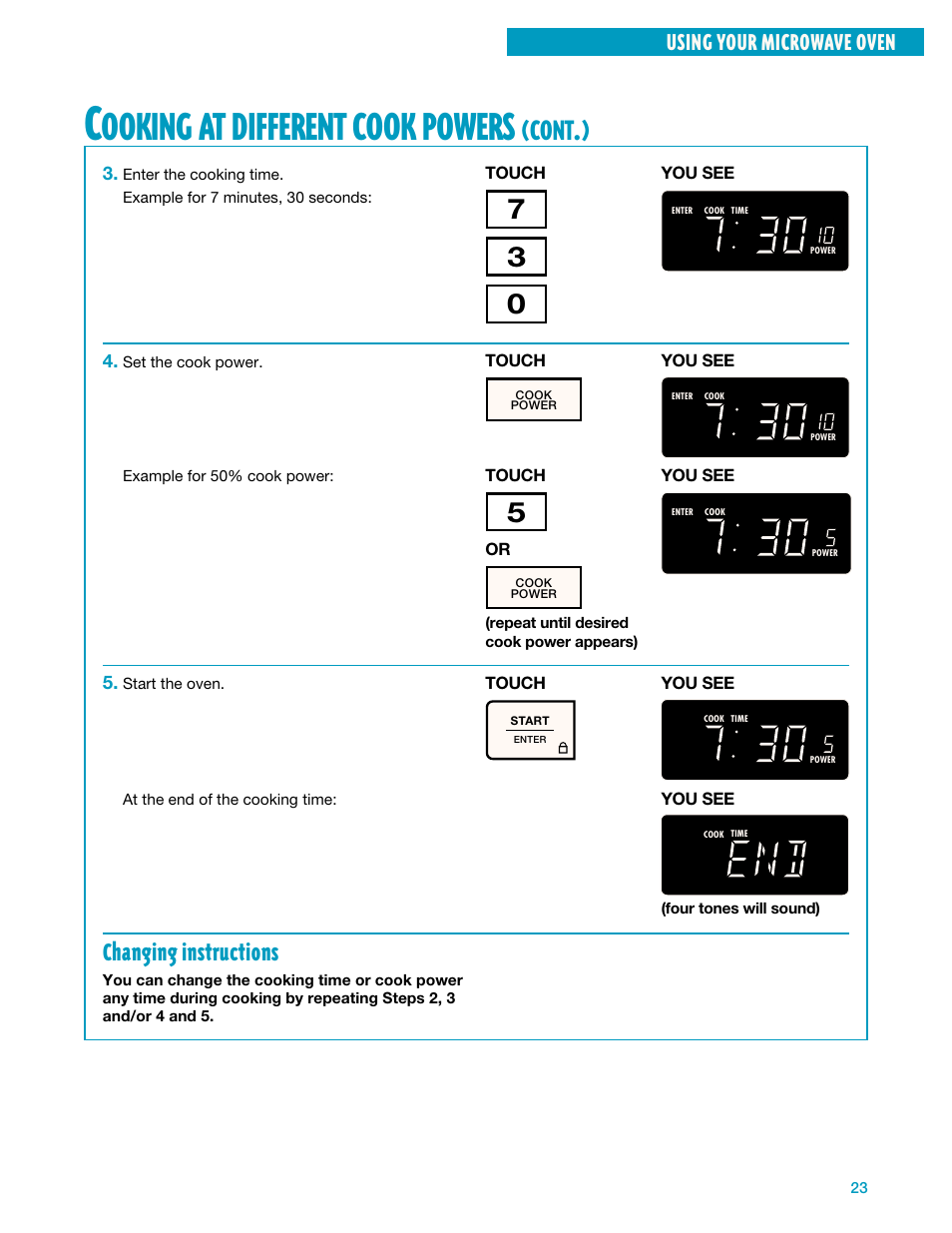 Ooking, Different, Cook | Powers, Cont, Changing instructions, Using your microwave oven | Whirlpool YMH7140XF User Manual | Page 23 / 48