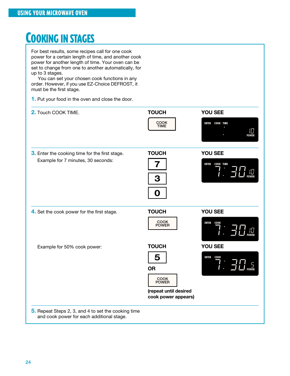 Cooking in stages, Ooking, Stages | Using your microwave oven | Whirlpool YMH7140XF User Manual | Page 24 / 48