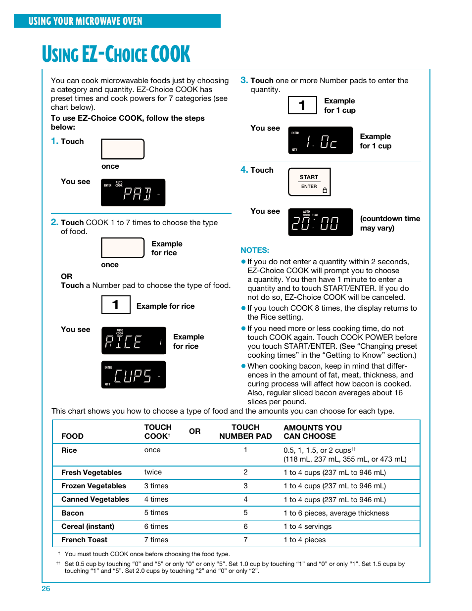 Using ez-choice cook, Ez-c, Cook | Sing, Hoice, Using your microwave oven | Whirlpool YMH7140XF User Manual | Page 26 / 48