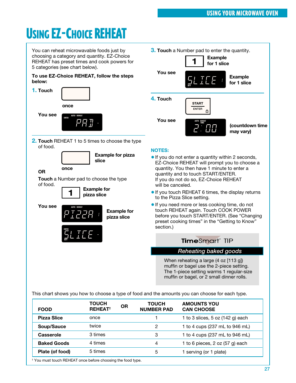 Using ez-choice reheat, Ez-c, Reheat | Sing, Hoice, Using your microwave oven, Reheating baked goods | Whirlpool YMH7140XF User Manual | Page 27 / 48