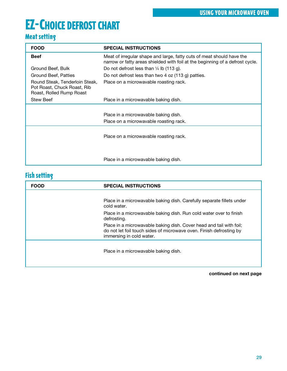Ez-choice defrost chart, Ez-c, Hoice | Defrost, Chart, Meat setting, Fish setting, Using your microwave oven | Whirlpool YMH7140XF User Manual | Page 29 / 48