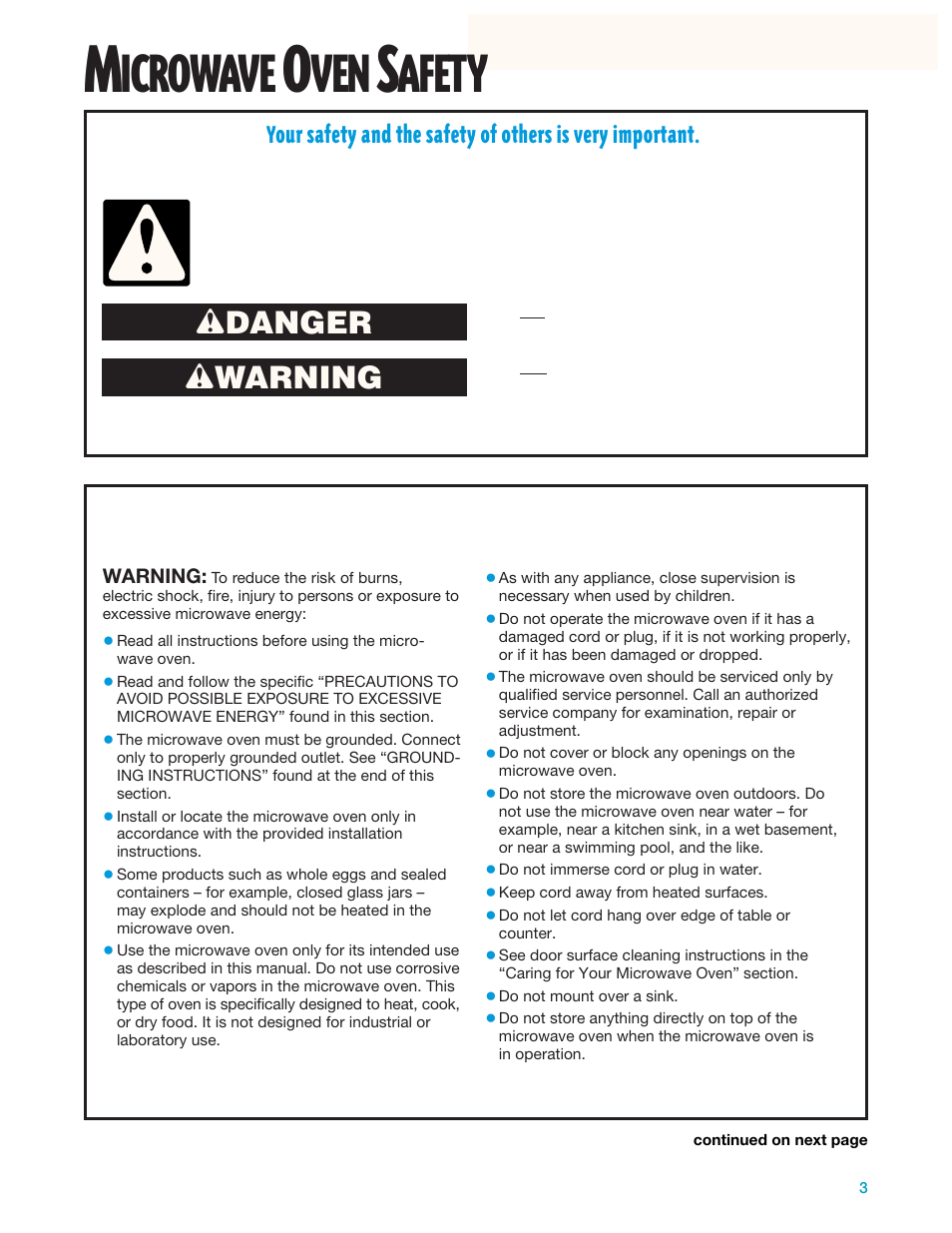 Microwave oven safety, Icrowave, Afety | Wdanger w warning, Important safety instructions, Save these instructions | Whirlpool YMH7140XF User Manual | Page 3 / 48