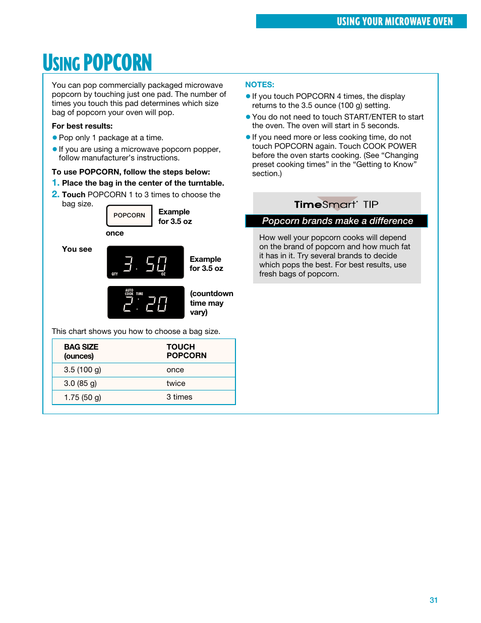 Using popcorn, Popcorn, Sing | Using your microwave oven, Popcorn brands make a difference | Whirlpool YMH7140XF User Manual | Page 31 / 48