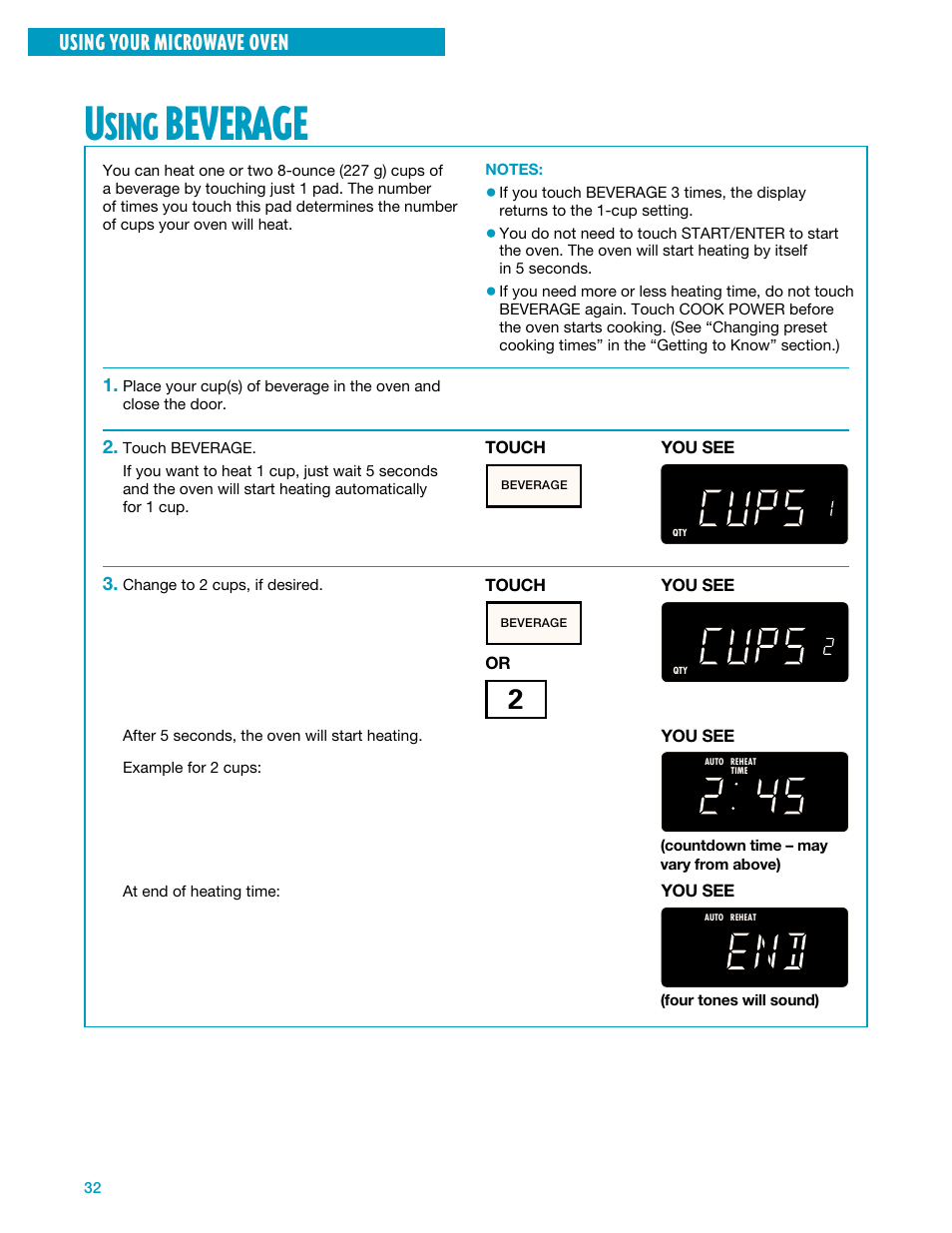 Using beverage, Beverage, Sing | Using your microwave oven | Whirlpool YMH7140XF User Manual | Page 32 / 48