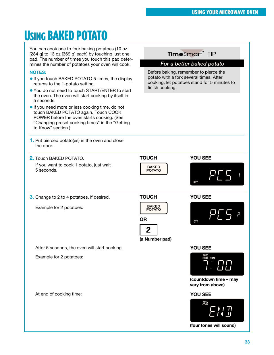 Using baked potato, Baked potato, Sing | Using your microwave oven | Whirlpool YMH7140XF User Manual | Page 33 / 48