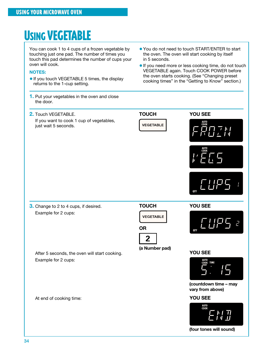Using vegetable, Vegetable, Sing | Using your microwave oven | Whirlpool YMH7140XF User Manual | Page 34 / 48