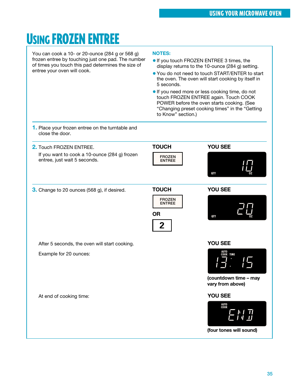 Using frozen entree, Frozen entree, Sing | Using your microwave oven | Whirlpool YMH7140XF User Manual | Page 35 / 48