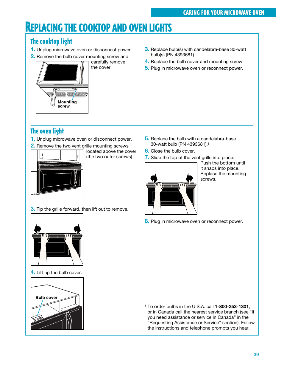 Eplacing, Cooktop, Oven | Lights | Whirlpool YMH7140XF User Manual | Page 39 / 48