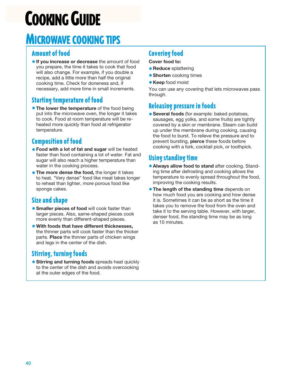 Cooking guide, Ooking, Uide | Icrowave, Cooking, Tips | Whirlpool YMH7140XF User Manual | Page 40 / 48