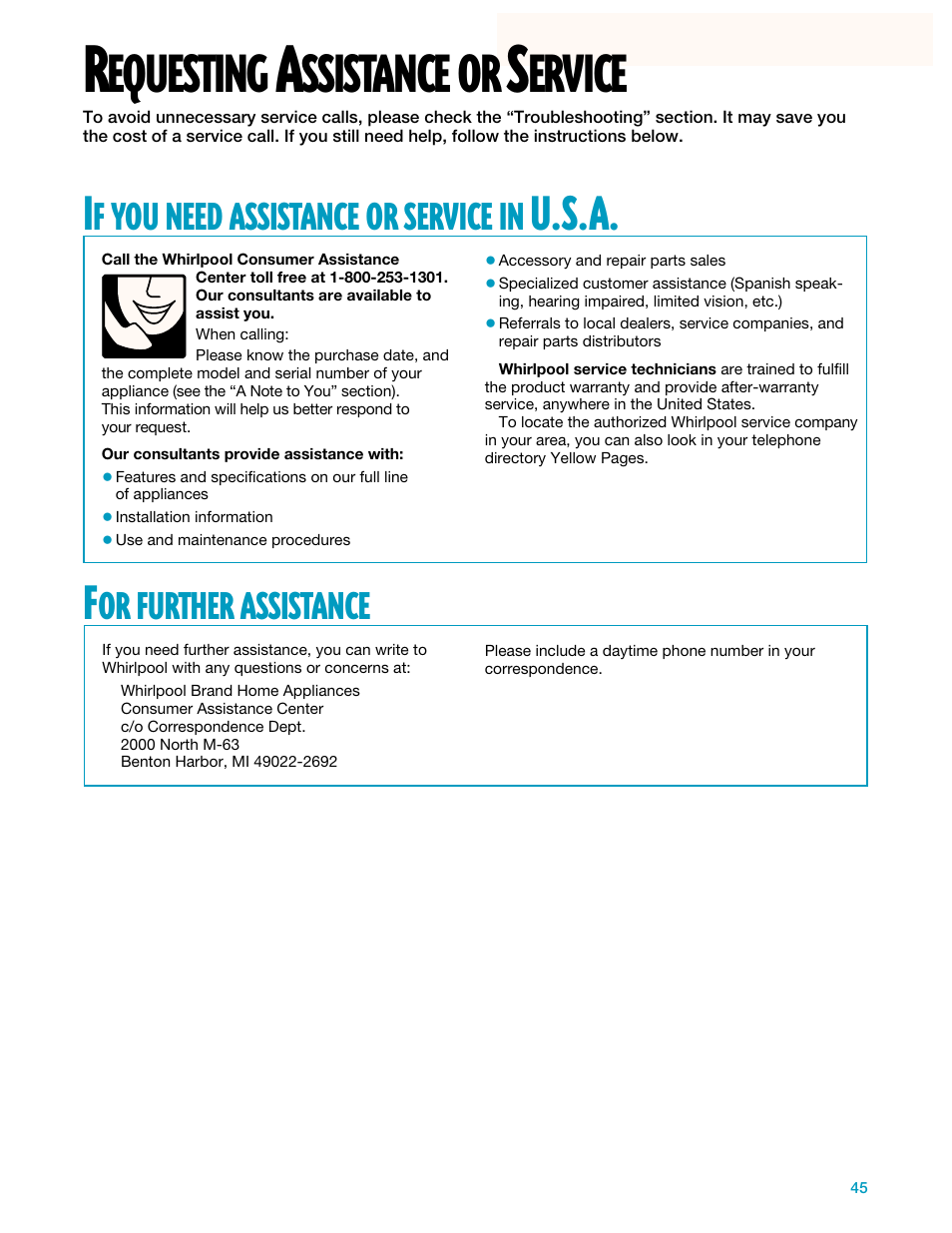 Requesting assistance or service, Equesting, Ssistance | Ervice, U.s.a, Further, Assistance, Need, Service | Whirlpool YMH7140XF User Manual | Page 45 / 48