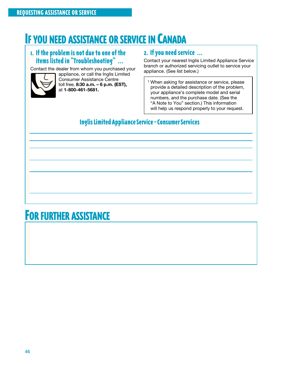 Need, Assistance, Service | Anada, Further | Whirlpool YMH7140XF User Manual | Page 46 / 48