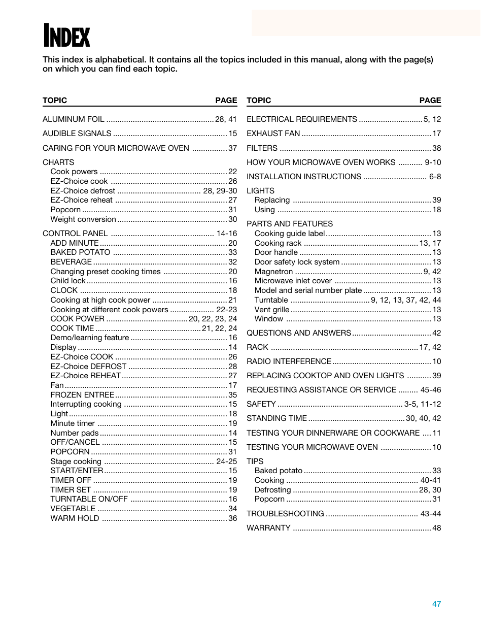 Index, Ndex | Whirlpool YMH7140XF User Manual | Page 47 / 48