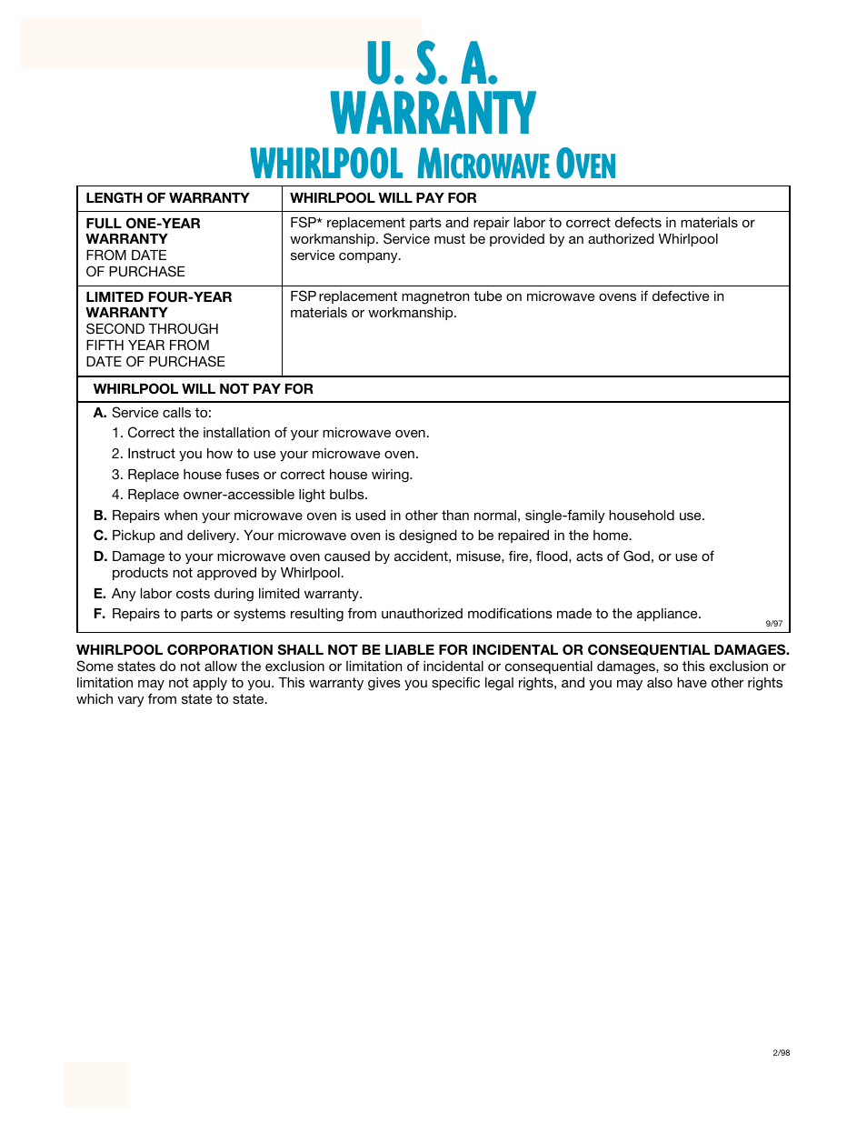 Warranty, U. s. a. warranty, Whirlpool | Icrowave | Whirlpool YMH7140XF User Manual | Page 48 / 48