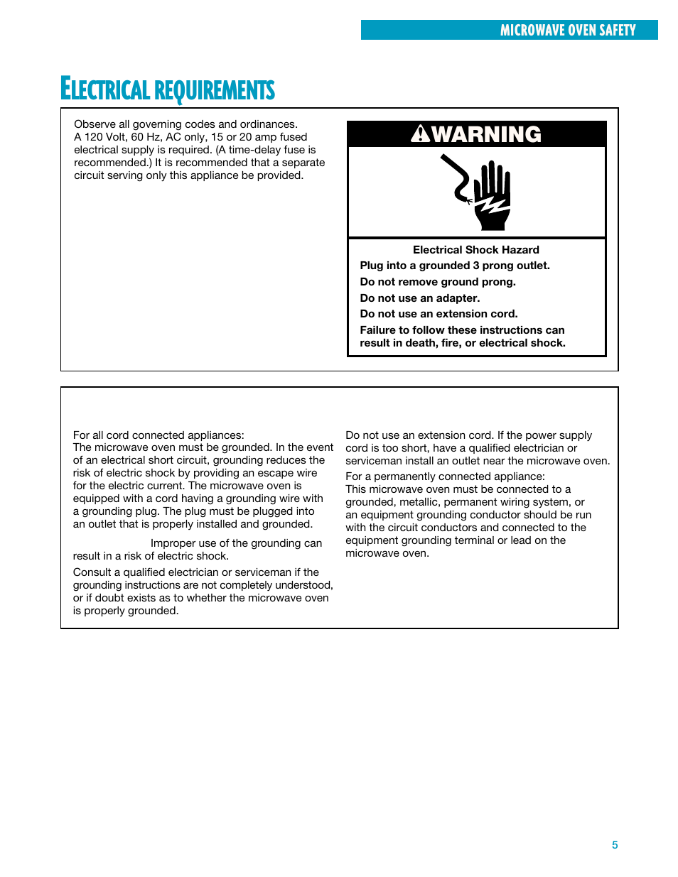 Lectrical, Requirements, Wwarning | Grounding instructions | Whirlpool YMH7140XF User Manual | Page 5 / 48