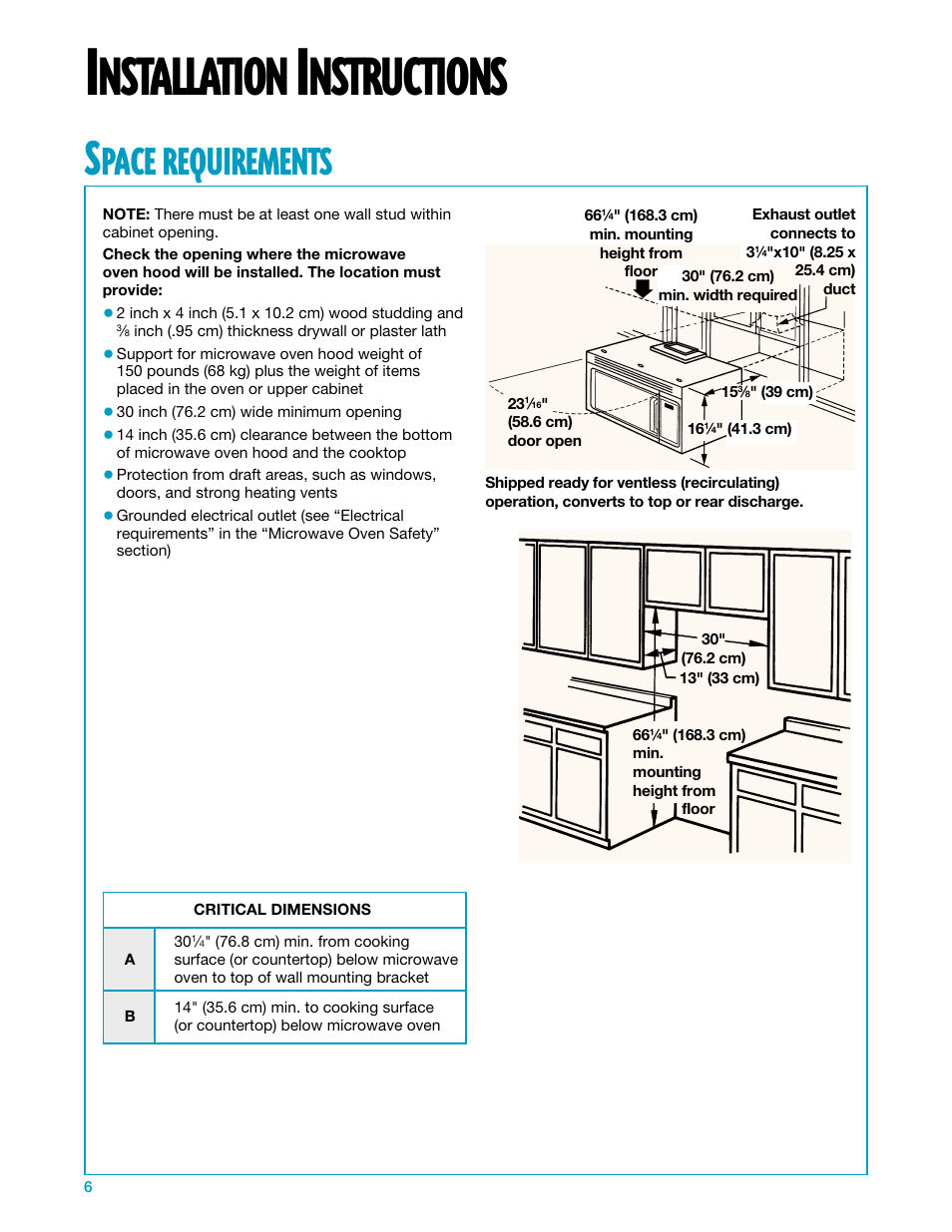 Installation instructions, Nstallation, Nstructions | Pace, Requirements | Whirlpool YMH7140XF User Manual | Page 6 / 48