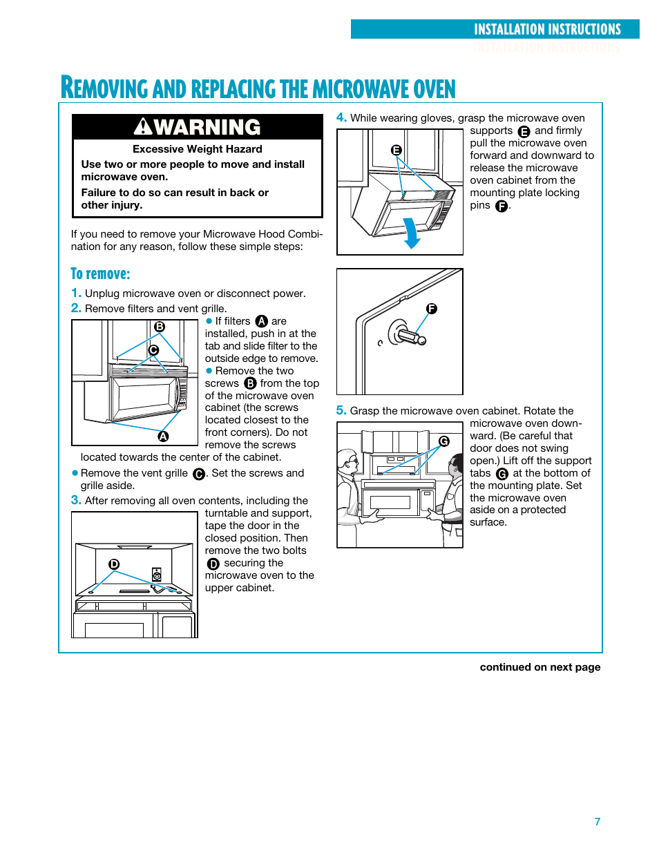 Emoving, Replacing, Microwave | Oven, Wwarning | Whirlpool YMH7140XF User Manual | Page 7 / 48