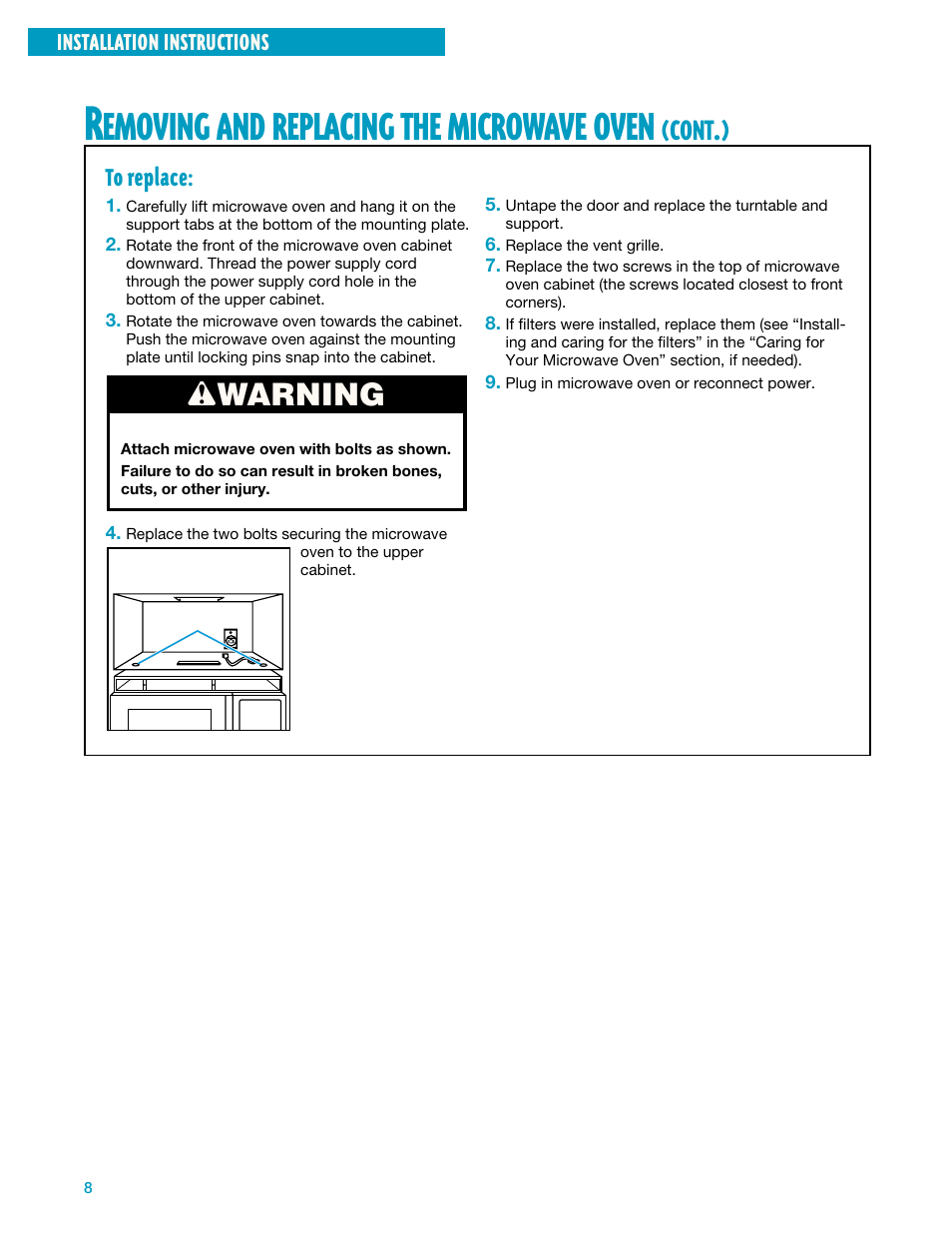 Emoving, Replacing, Microwave | Oven | Whirlpool YMH7140XF User Manual | Page 8 / 48