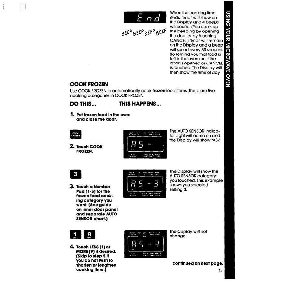 Cook frozen, Do this, This happens | Put frozen food in the oven and close the door, Touch cook frozen | Whirlpool SM988PES User Manual | Page 13 / 44