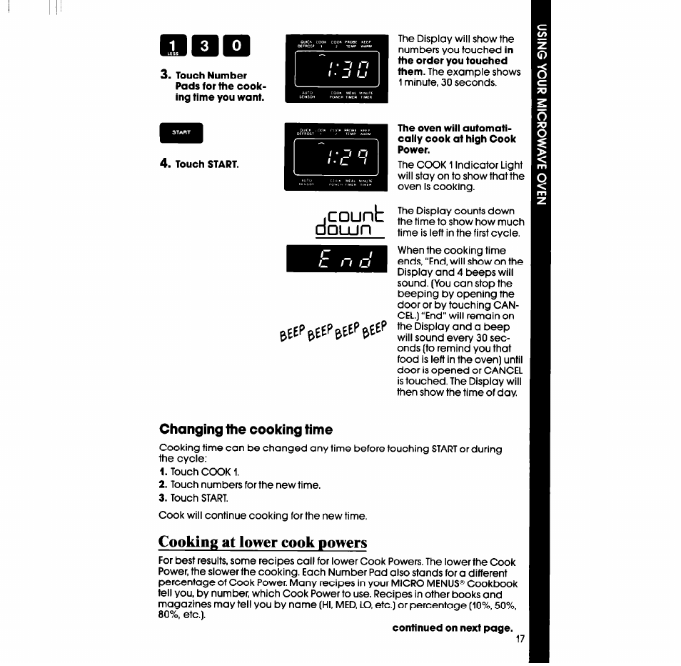 Touch start, Changing the cooking time, Cooking at lower cook powers | Duun | Whirlpool SM988PES User Manual | Page 17 / 44