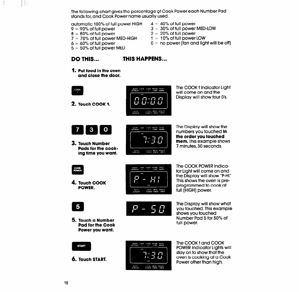 Do this, This happens, Put food in the oven and close the door | Touch cook 1, Touch cook power, Touch start | Whirlpool SM988PES User Manual | Page 18 / 44