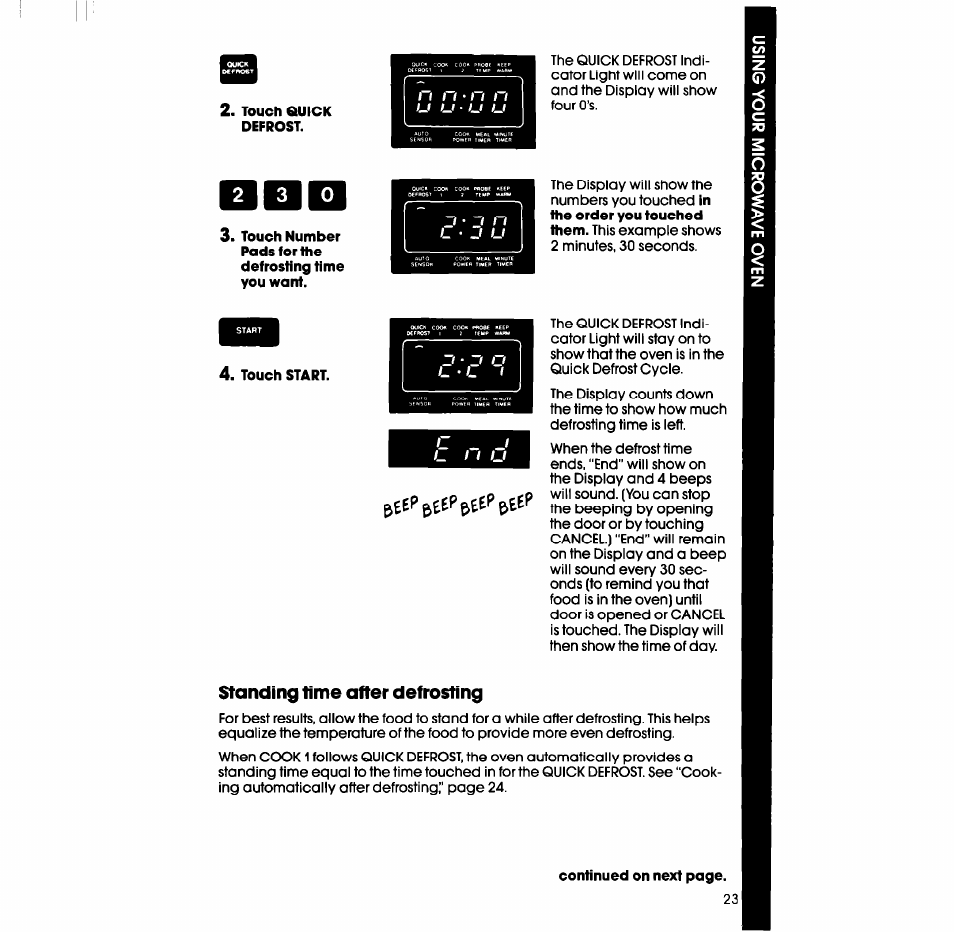 Touch quick defrost, Touch start, Standing time after defrosting | Whirlpool SM988PES User Manual | Page 23 / 44