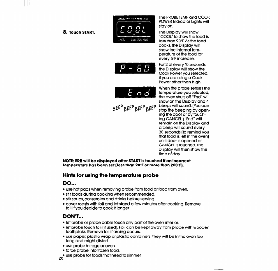 Hints for using the temperature probe, Don’t | Whirlpool SM988PES User Manual | Page 28 / 44