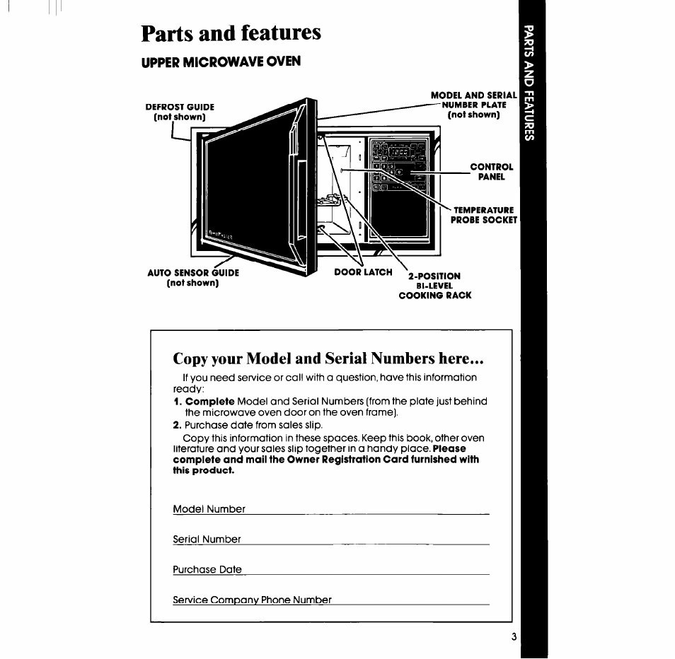 Parts and features, Upper microwave oven, Copy your model and serial numbers here | Whirlpool SM988PES User Manual | Page 3 / 44