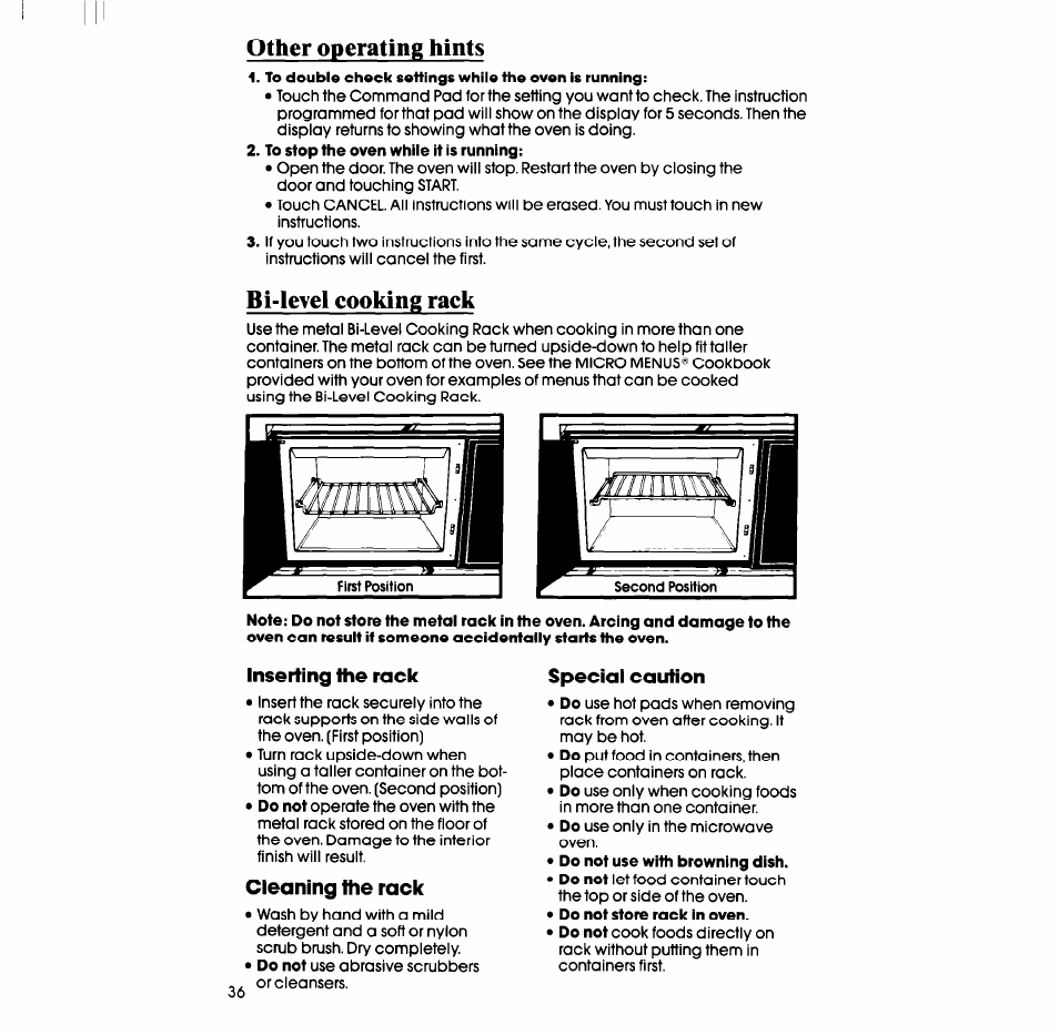 Inserting the rack, Cleaning the rack, Special caution | Whirlpool SM988PES User Manual | Page 36 / 44