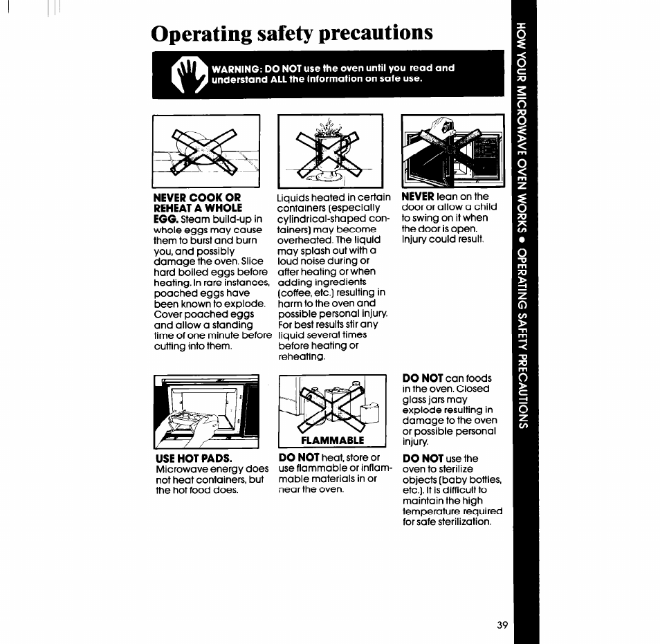 Operating safety precautions | Whirlpool SM988PES User Manual | Page 39 / 44