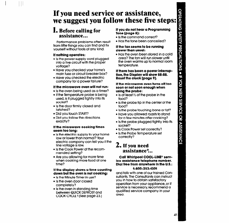 Before calling for assistance, If the microwave oven wiii not run, If you need assistance | Whirlpool SM988PES User Manual | Page 41 / 44