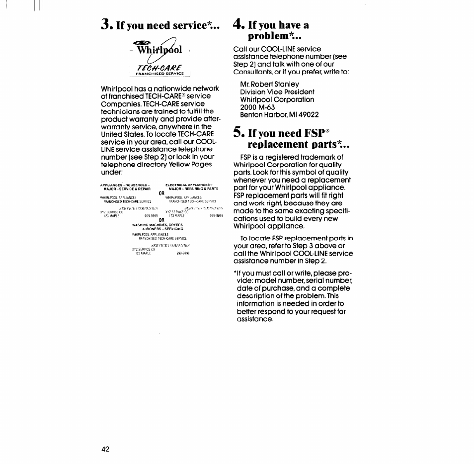 3* if you need serviee, If you have a problem, If you need fsp® replaeement parts | Whirlpool SM988PES User Manual | Page 42 / 44