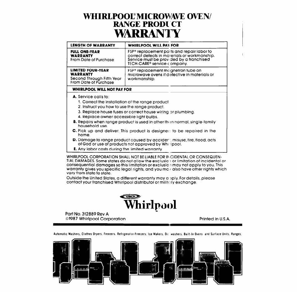 Warraniry, Whirlpool, Whirlpoocmicrowave oven/ range prodi ct | Whirlpool SM988PES User Manual | Page 44 / 44