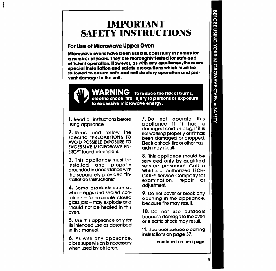 For use of microwave upper oven, Important safety instructions, Warning | Whirlpool SM988PES User Manual | Page 5 / 44