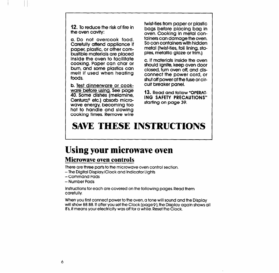 Save these instructions, Using your microwave oven, Microwave oven controls | Save these instructions using your microwave oven | Whirlpool SM988PES User Manual | Page 6 / 44