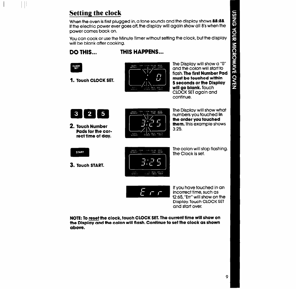Setting the clock, Do this, This happens | Touch clock set, Touch start | Whirlpool SM988PES User Manual | Page 9 / 44