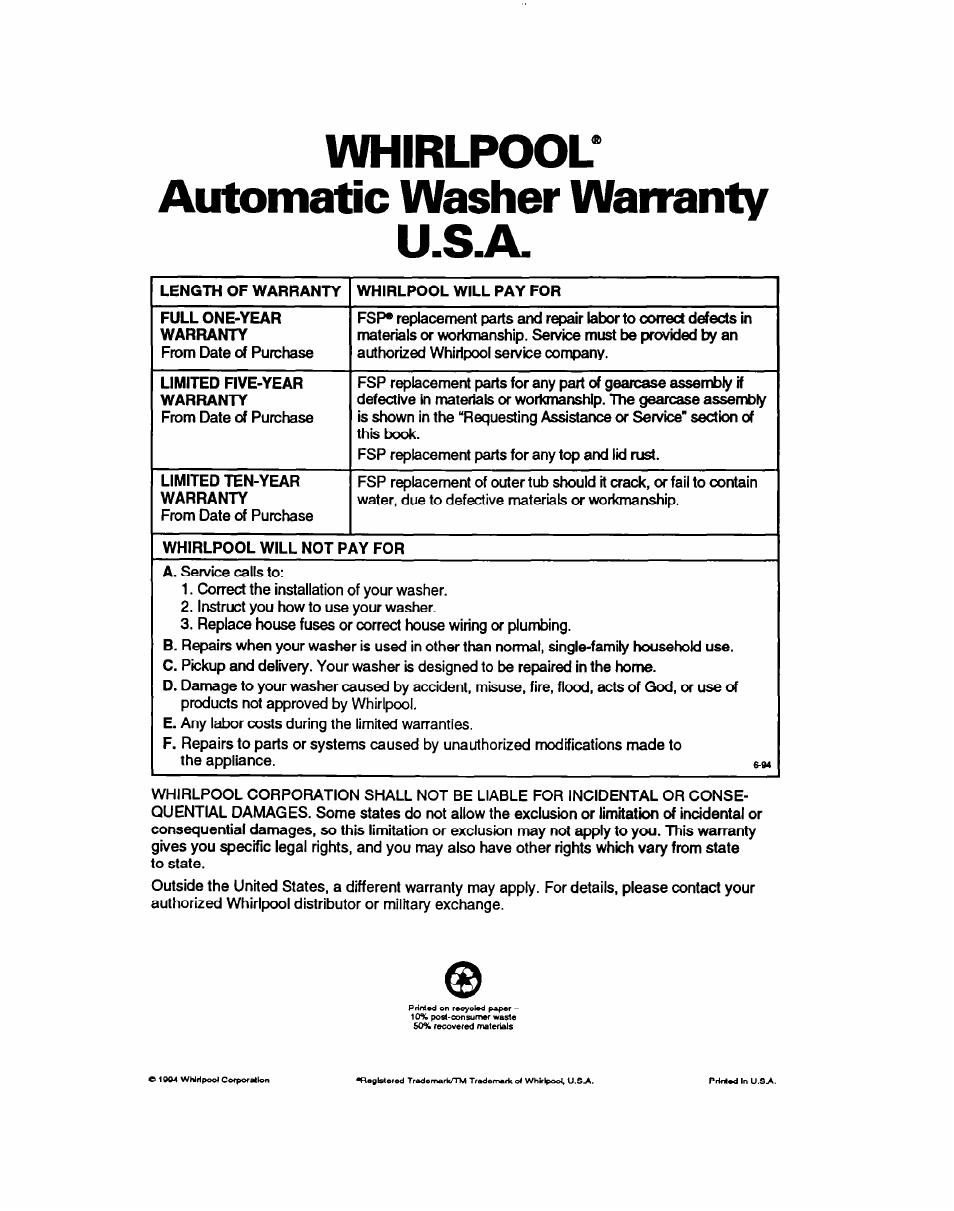 Whirlpool, Automatic washer warranty, Whirlpool* automatic washer warranty | Whirlpool 7LSC9245BN0R User Manual | Page 25 / 61