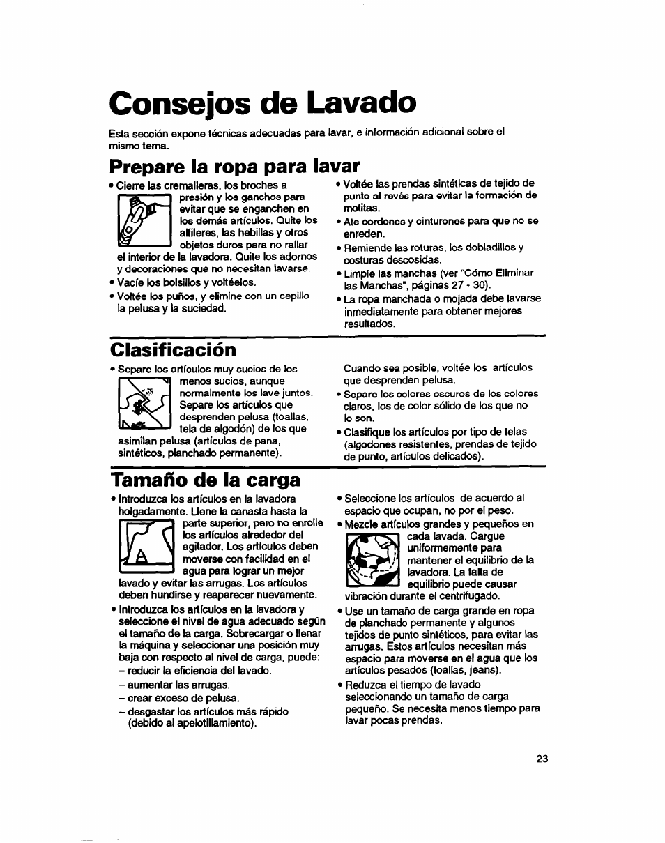 Clasificación, Tamaño de la carga, Consejos de lavado | Prepare la ropa para lavar | Whirlpool 7LSC9245BN0R User Manual | Page 48 / 61