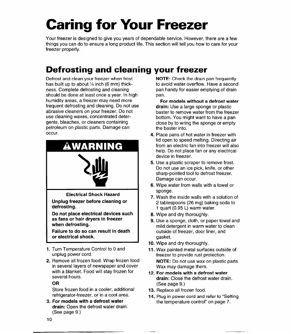 Defrosting and cleaning your freezer, Caring for your freezer, Àwarning | Whirlpool CHEST FREEZERS User Manual | Page 10 / 15