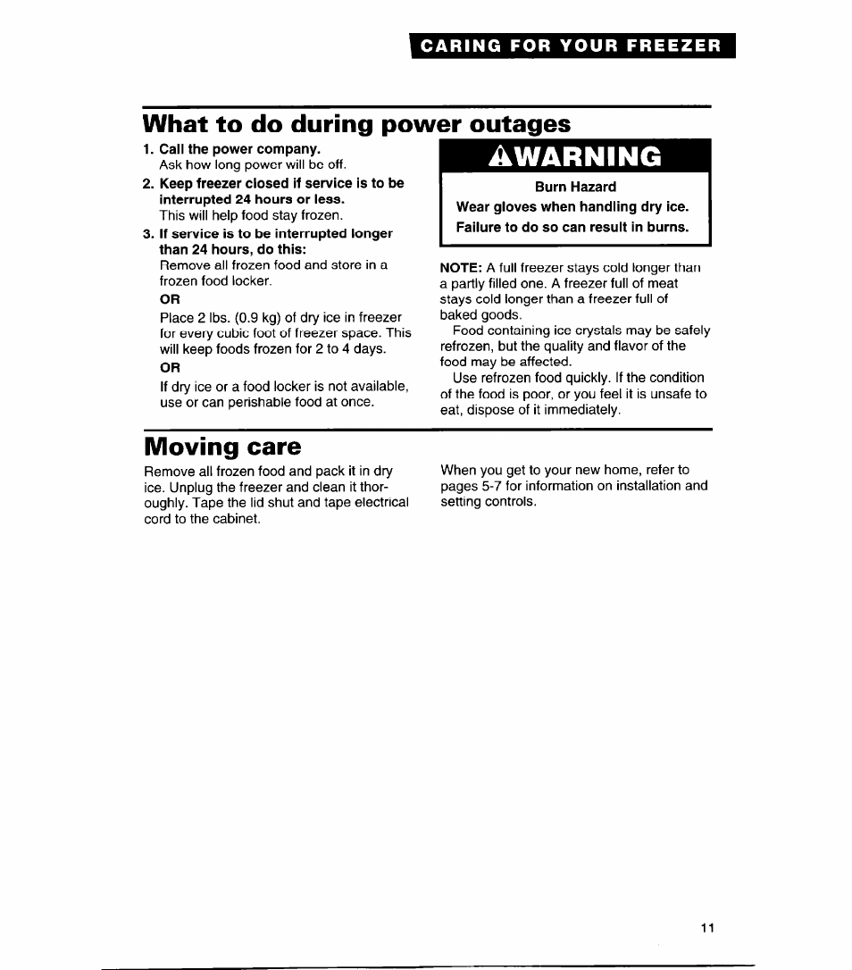 What to do during power outages, Caii the power company, Moving care | Awarning | Whirlpool CHEST FREEZERS User Manual | Page 11 / 15