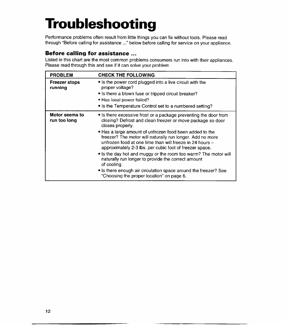 Troubleshooting, Before calling for assistance, Problem | Check the following, Motor seems to run too long | Whirlpool CHEST FREEZERS User Manual | Page 12 / 15