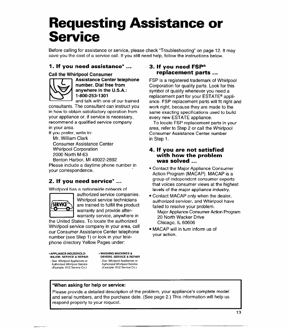 Requesting assistance or service, If you need assistance, If you need service | If you need fsp® replacement parts, When asking for help or service | Whirlpool CHEST FREEZERS User Manual | Page 13 / 15