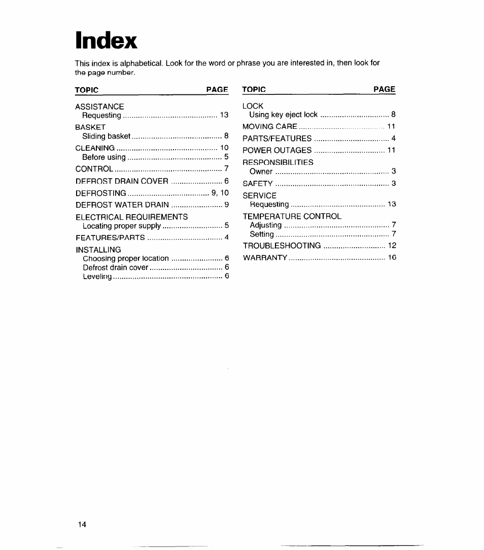Index, Topic | Whirlpool CHEST FREEZERS User Manual | Page 14 / 15