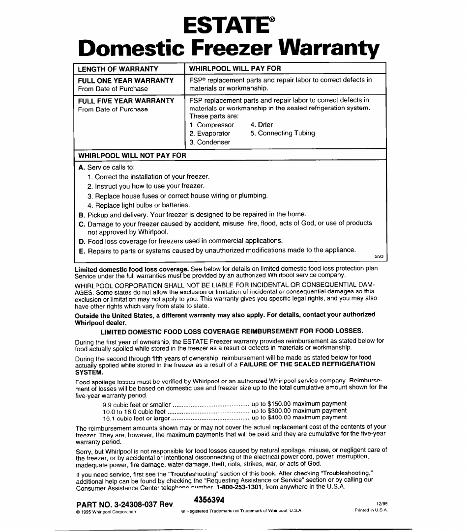 Estatf, Domestic freezer warranty, Estatf domestic freezer warranty | Whirlpool CHEST FREEZERS User Manual | Page 15 / 15