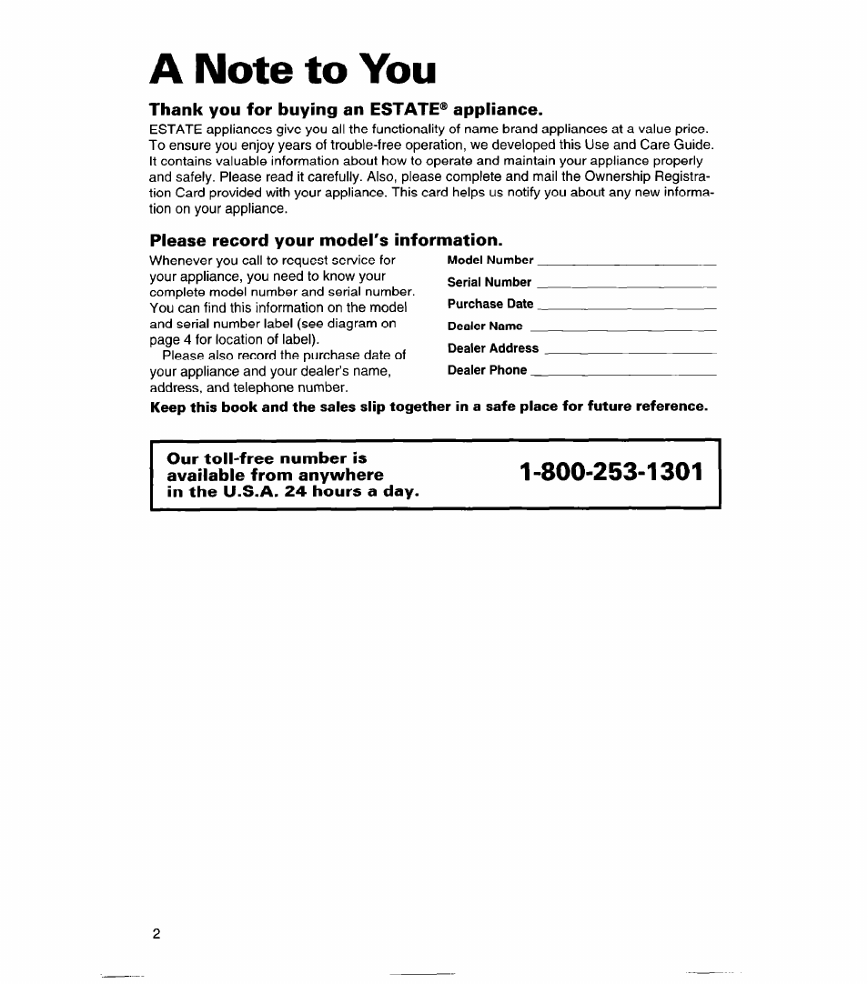 A note to you, Thank you for buying an estate® appliance, Please record your model's information | Whirlpool CHEST FREEZERS User Manual | Page 2 / 15