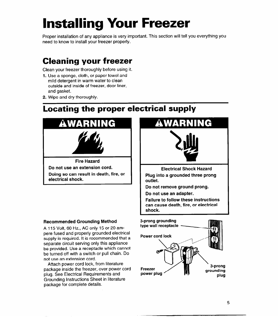 Cleaning your freezer, Locating the proper electrical supply, Recommended grounding method | Installing your freezer, Awarning | Whirlpool CHEST FREEZERS User Manual | Page 5 / 15