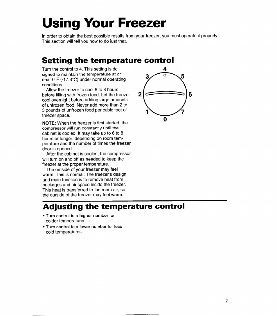 Setting the temperature control, Adjusting the temperature control, Using your freezer | Whirlpool CHEST FREEZERS User Manual | Page 7 / 15