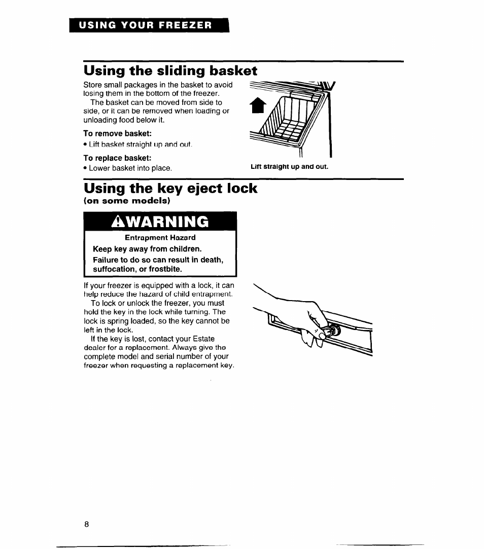 Using the sliding basket, To remove basket, Using the key eject lock | On some models), Warning | Whirlpool CHEST FREEZERS User Manual | Page 8 / 15