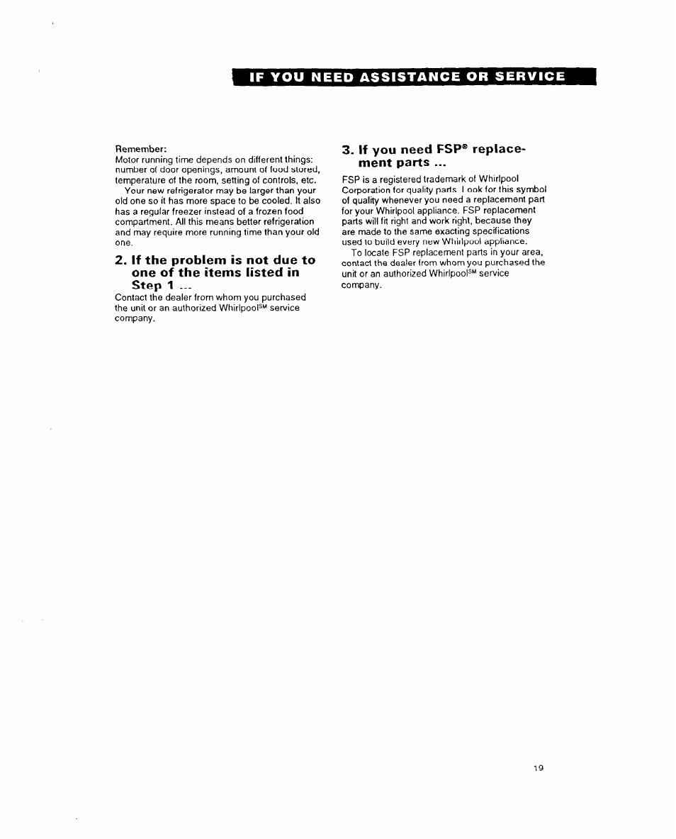 If you need fsp® replacement parts | Whirlpool 6ET18DK User Manual | Page 19 / 20